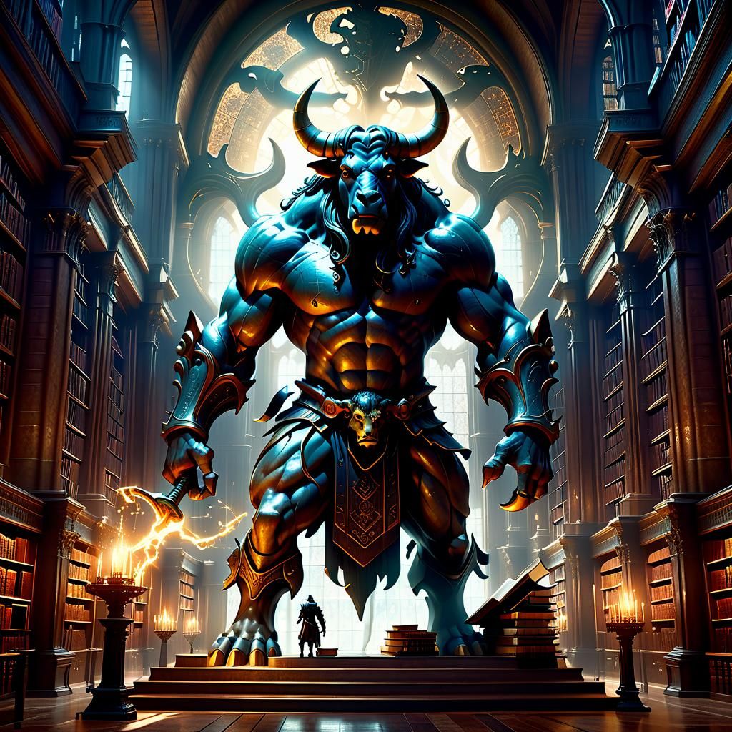 Minotaur in Library, Art Nouveau Digital Painting