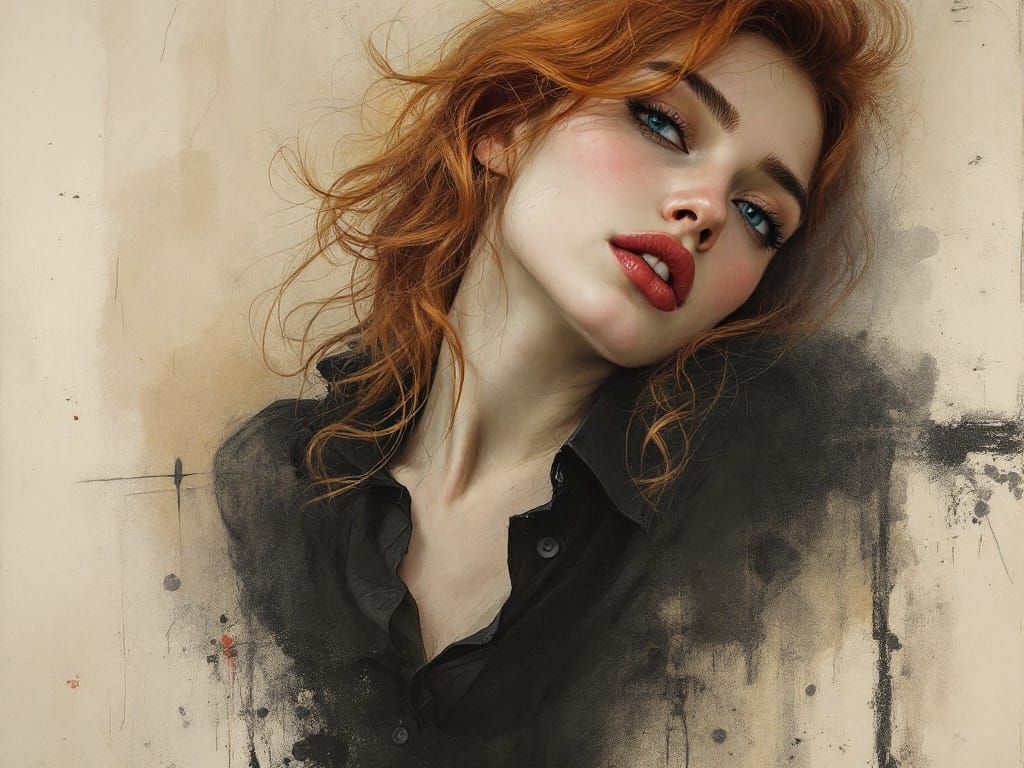 Charcoal Study of a Red-Haired Siren