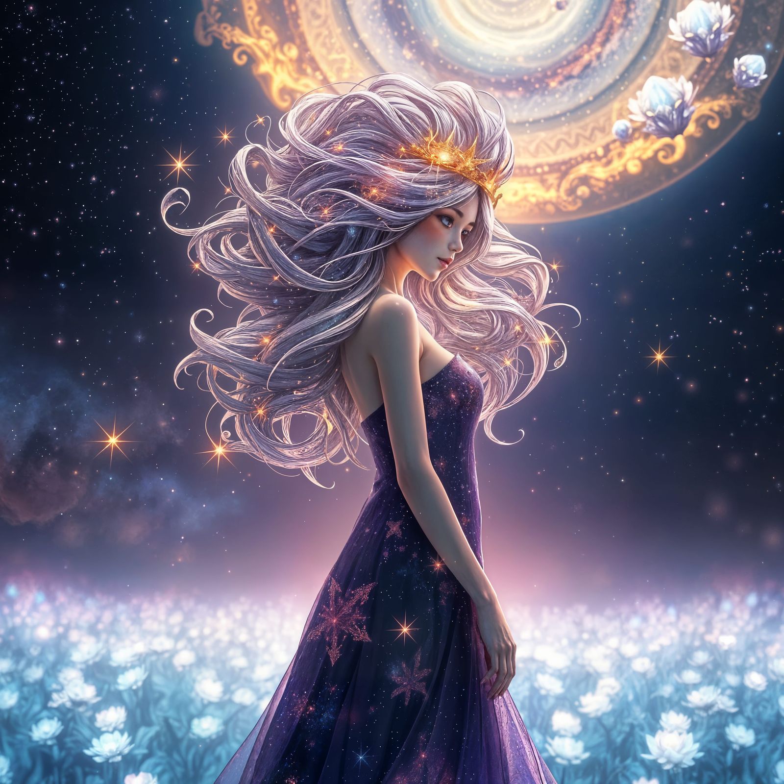 Ethereal Celestial Goddess in Vibrant Cosmic Landscape