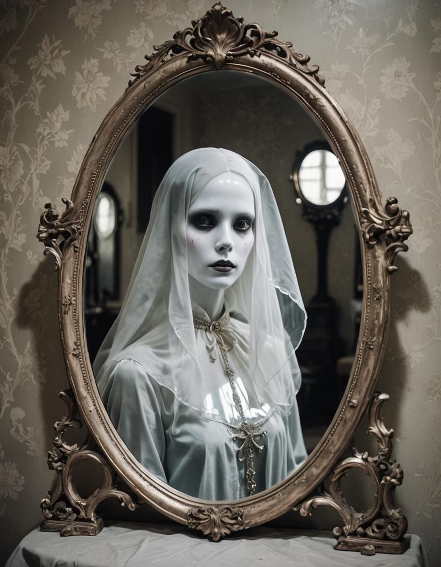Ethereal Ghostly Beauty Reflected in Mirror
