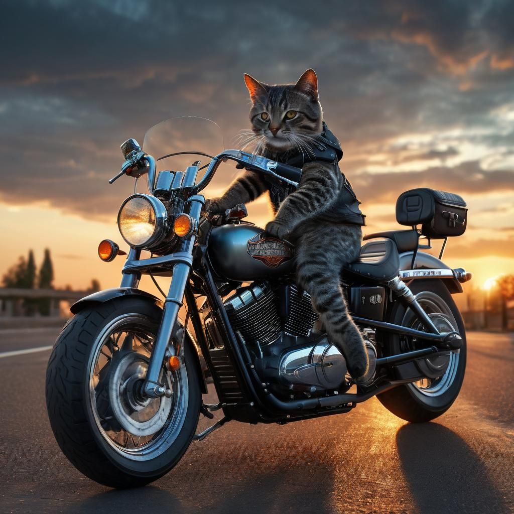 Cat Rides Harley at Sunset: Hyperrealistic Image