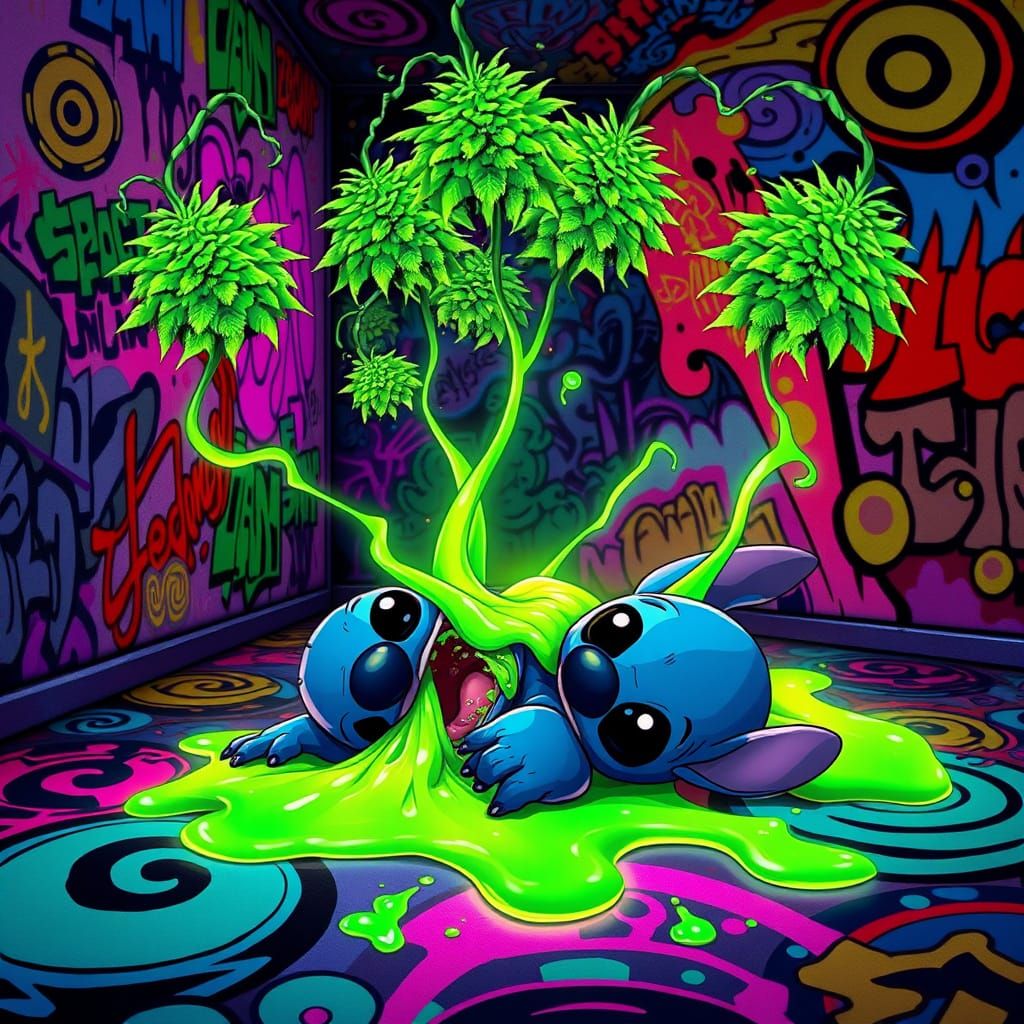 Surreal Alien Scene with Glowing Lean and Floating Weed