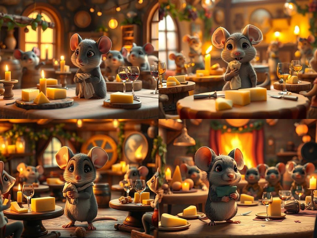 Shy Mouse at Cheese Party in Pixar Style