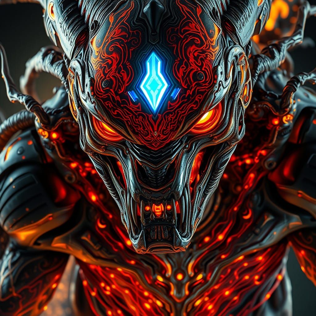 An alien creature, fiery lava flows through mechanical veins, water-like circuits pulsing with energy, earthy armor plat...