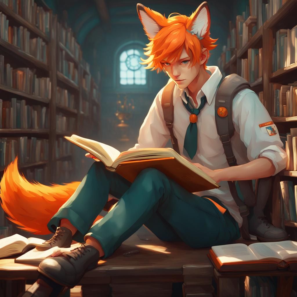 Orange Haired Fox Student Reading: Hyperdetailed Art