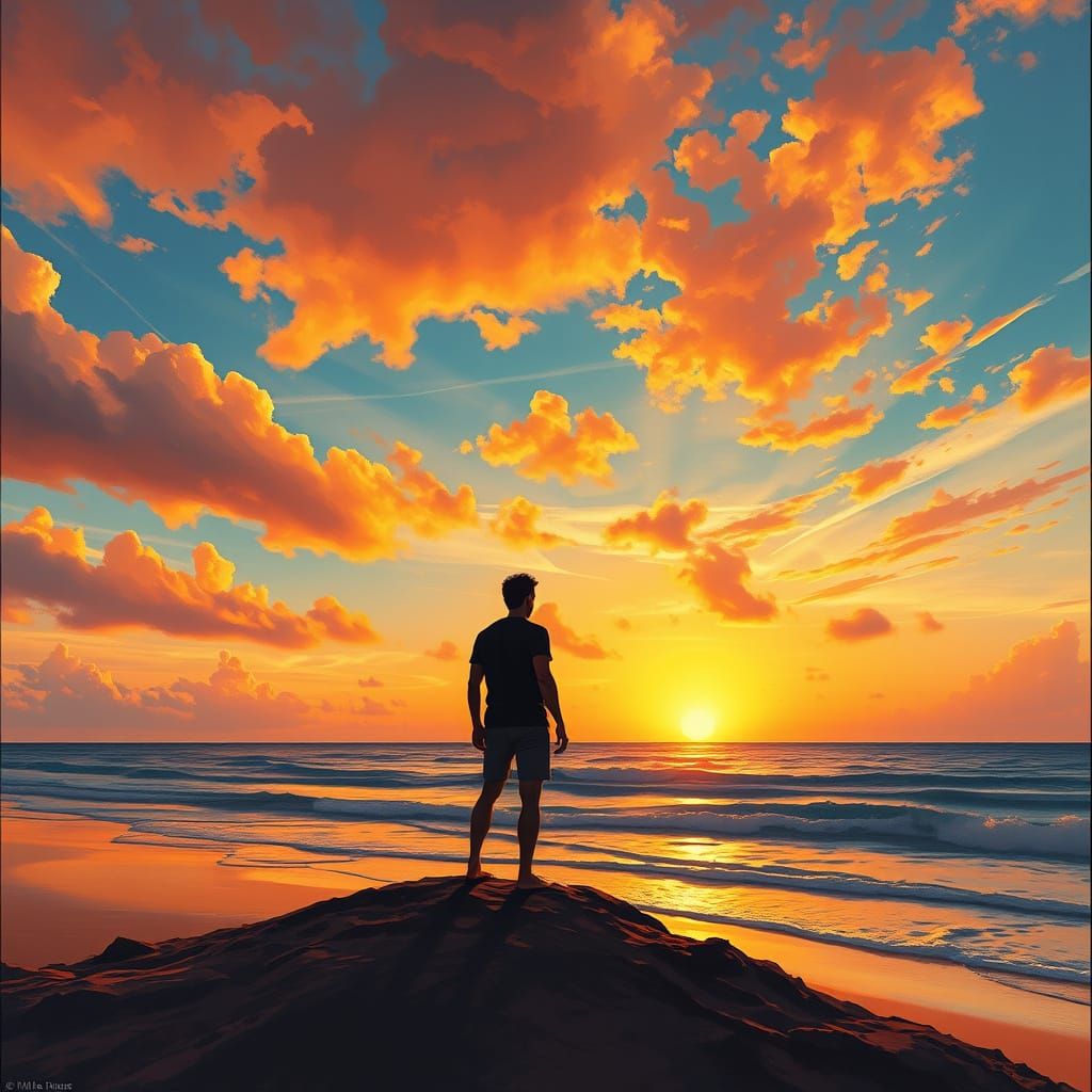 Sunset Beach Silhouette in Impressionist Style