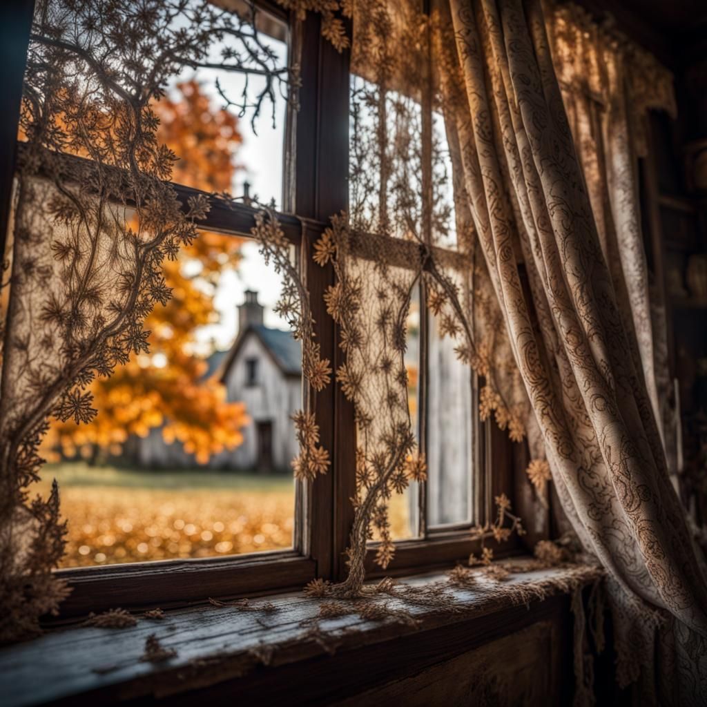 lace curtains in a window of an old farm house with fall scene