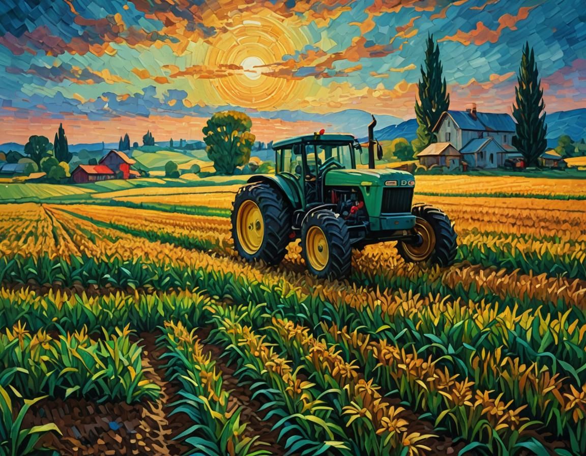 Country Farm Sunset: Impasto Summer Landscape
