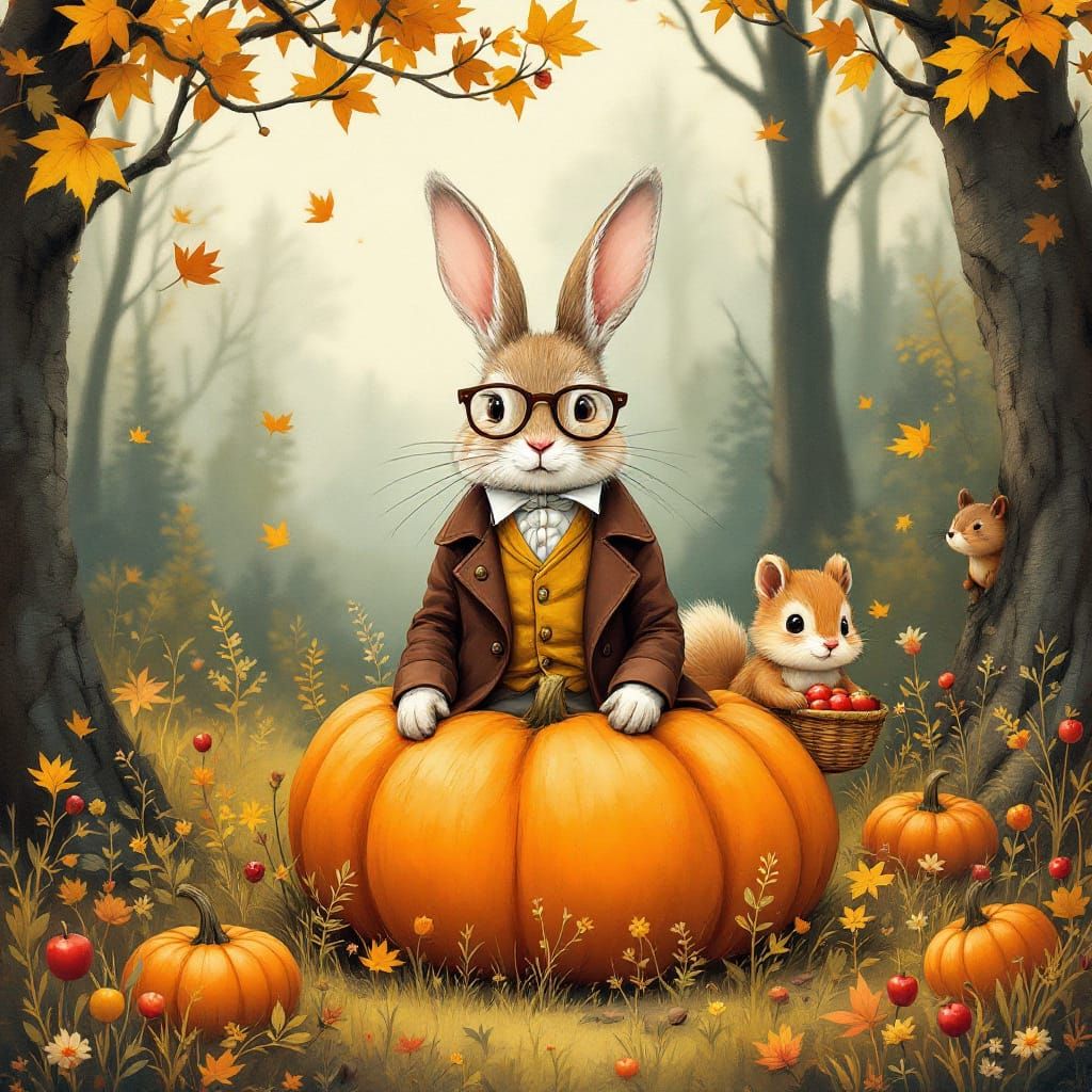 Anthropomorphic Bunny on Pumpkin in Autumn Forest