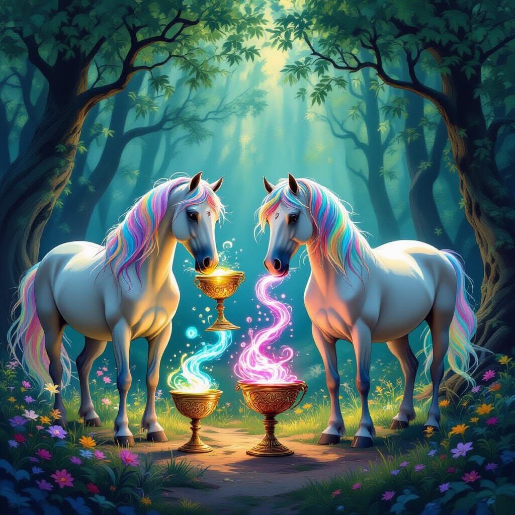 Rainbow Horses Drinking Magical Potions in Enchanted Forest