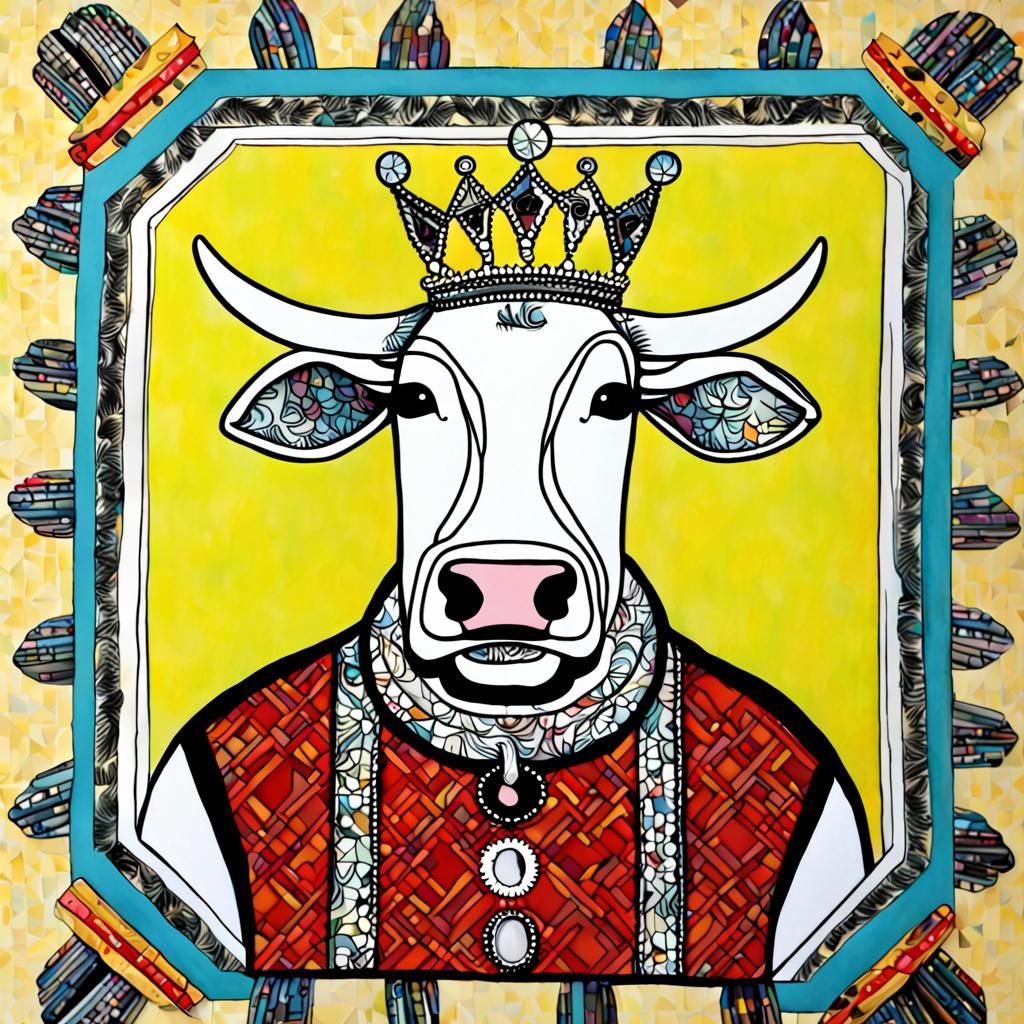 Crowned Cow on Book Page in Pop Art Style
