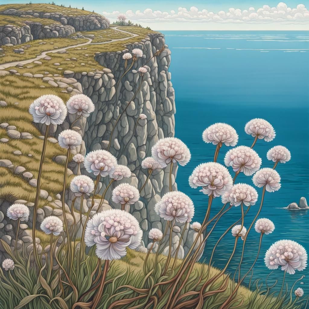 Sea Thrift Cliffside: Psychedelic Renaissance Illustration
