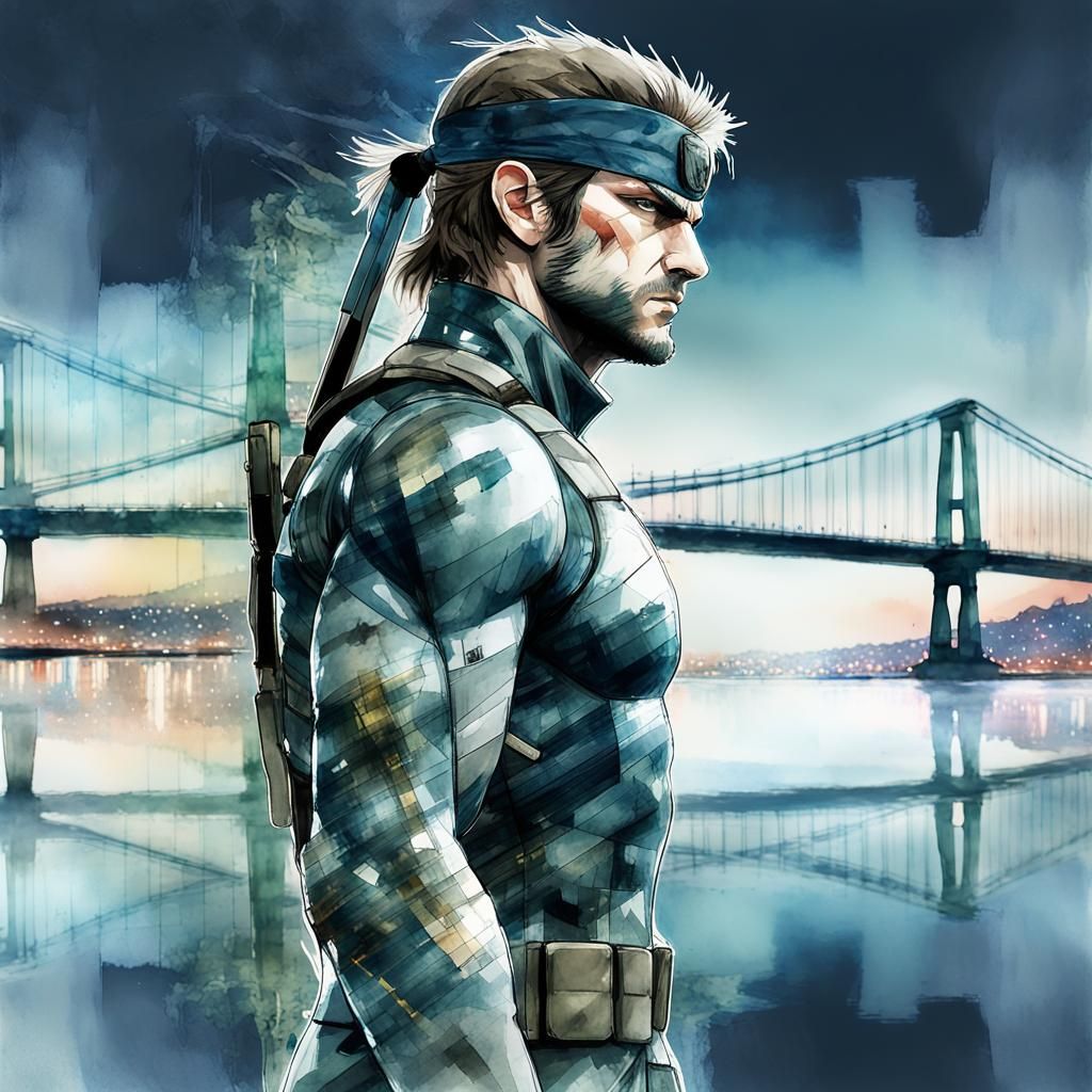 Solid Snake Reflects on Verrazzano Bridge in Watercolor