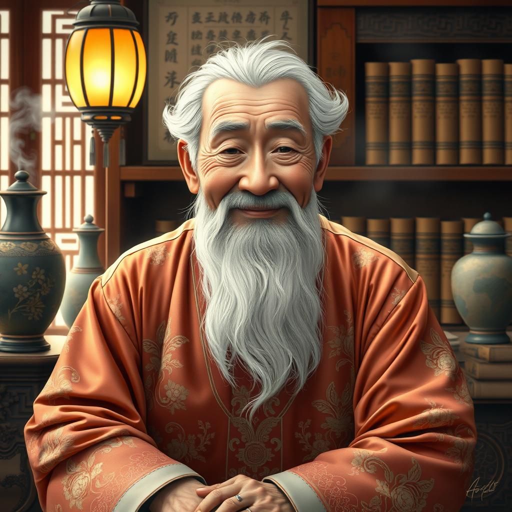 Wise Chinese Man in Silk Robes Portrait