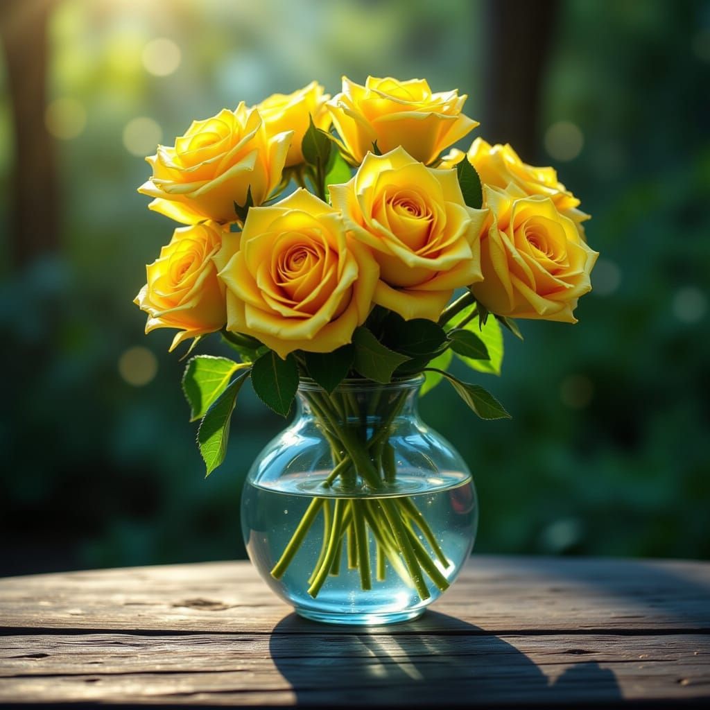 Crystal Vase of Yellow Roses in Hyperphotorealistic Neuroglo...
