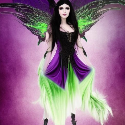 Beautiful Gothic fairy with long flowing black hair& vibrant green eyes& wearing Beautiful purple Gothic dress& vibrant ...