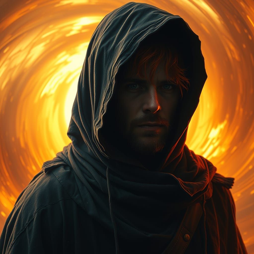 Mysterious Hooded Figure in Warm Orange Hues