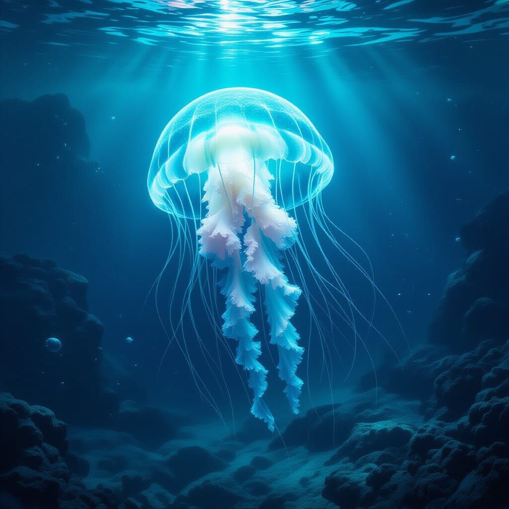 Bioluminescent Jellyfish in Alien Ocean Depths