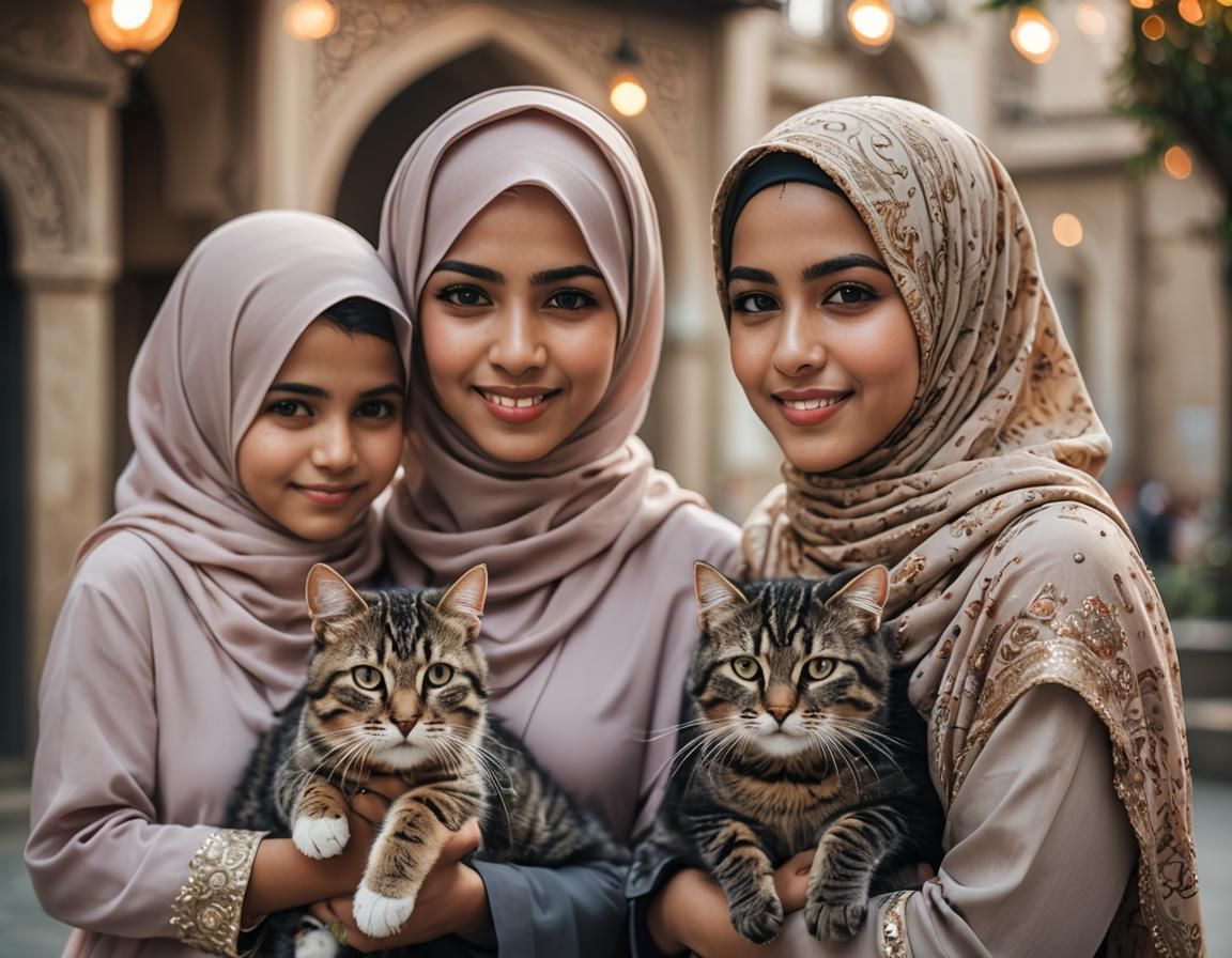 Portrait of Muslim Women with Cats