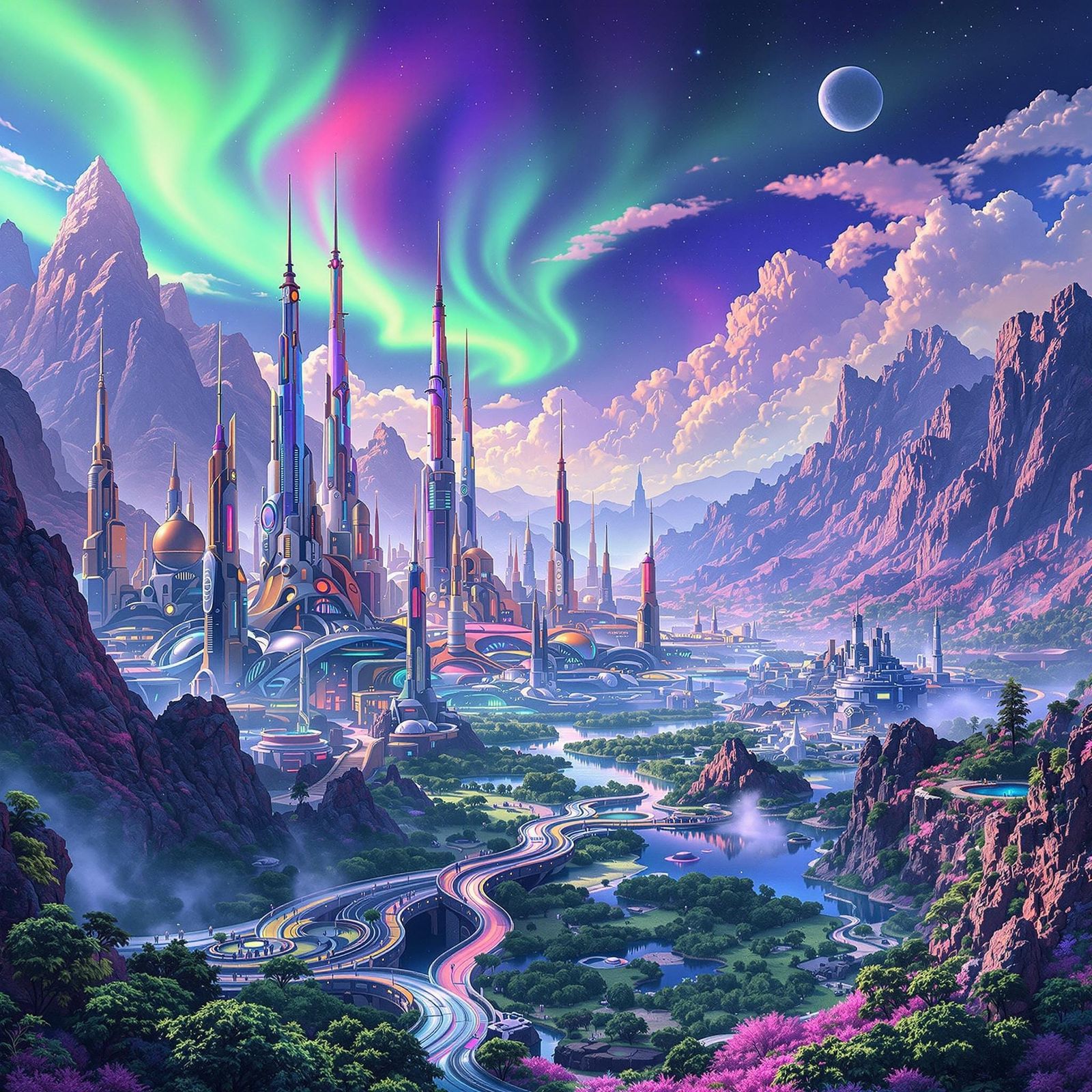 Surreal Futuristic Metropolis Amidst Vibrant Landscape