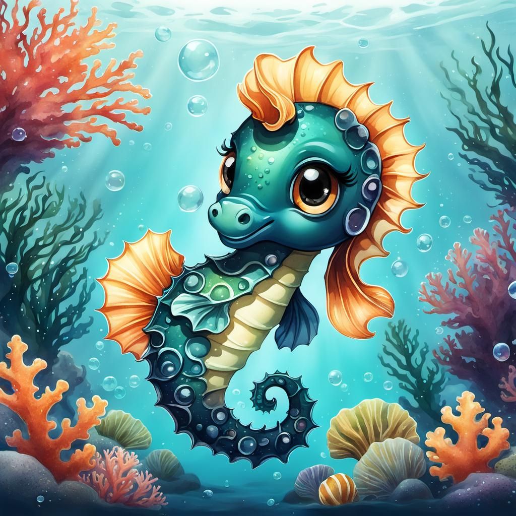 Whimsical Seahorse Storybook Illustration in Deep Color