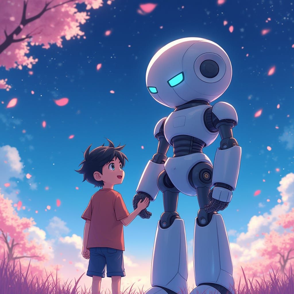 Boy and Robot Under Cherry Blossom Sky: Anime Style