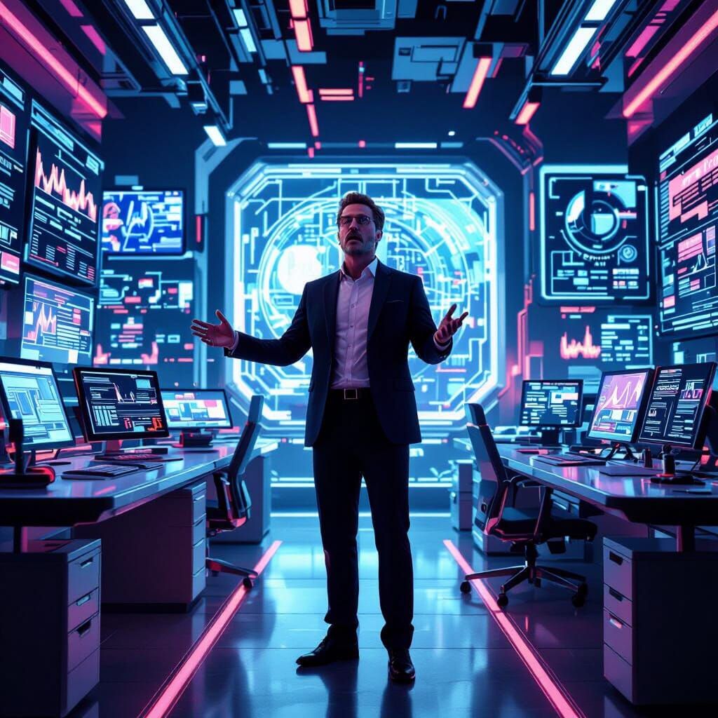 Futuristic Office Scene with Digital Screens