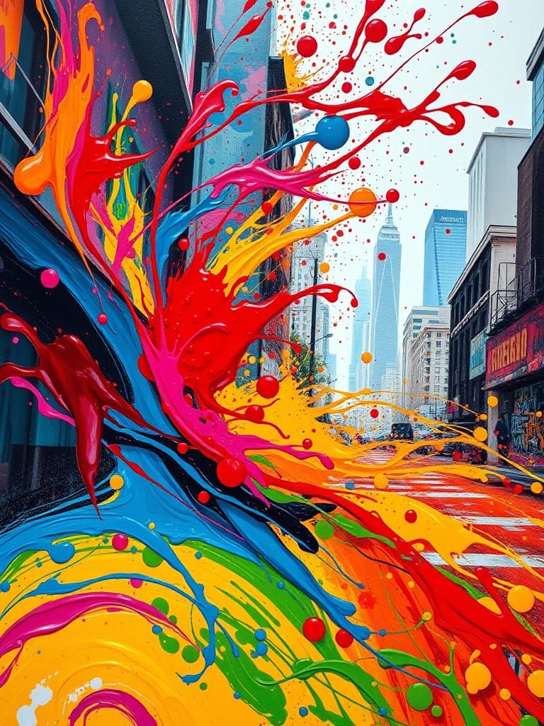 Vibrant Cityscape in Pollock-Inspired, Hyper-Realistic Art