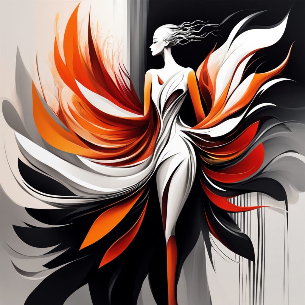 Abstract Showgirl Emerges in Orange and White Hues