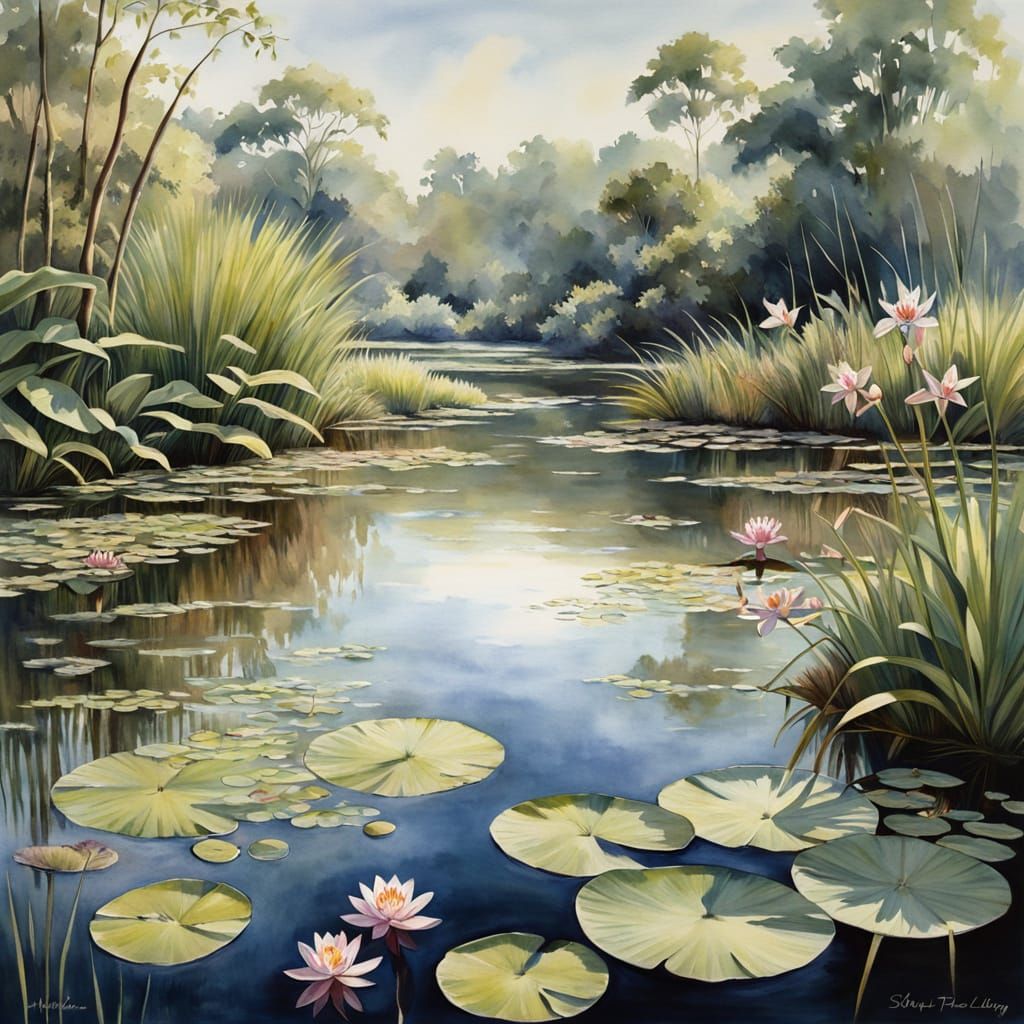 Tranquil Marsh in Watercolor Style