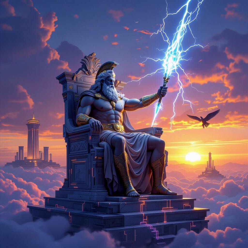 Zeus on Throne Above Clouds with Futuristic Lightning Bolt