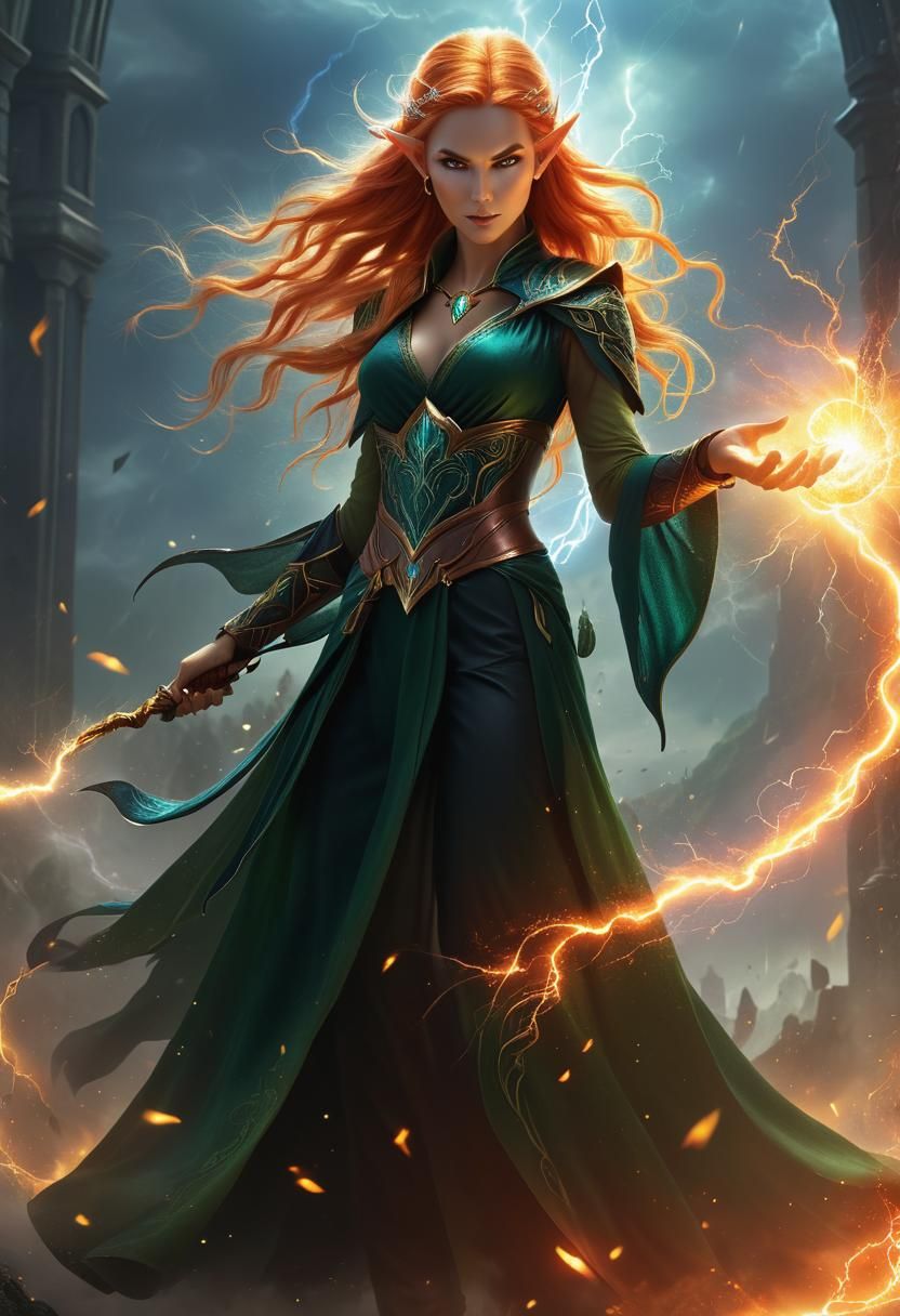 Elven Mage Casting Lightning Spell in Digital Illustration