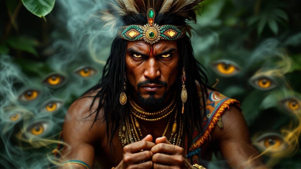 Stern Kayapo Shaman in Traditional Attire with Intense Gaze