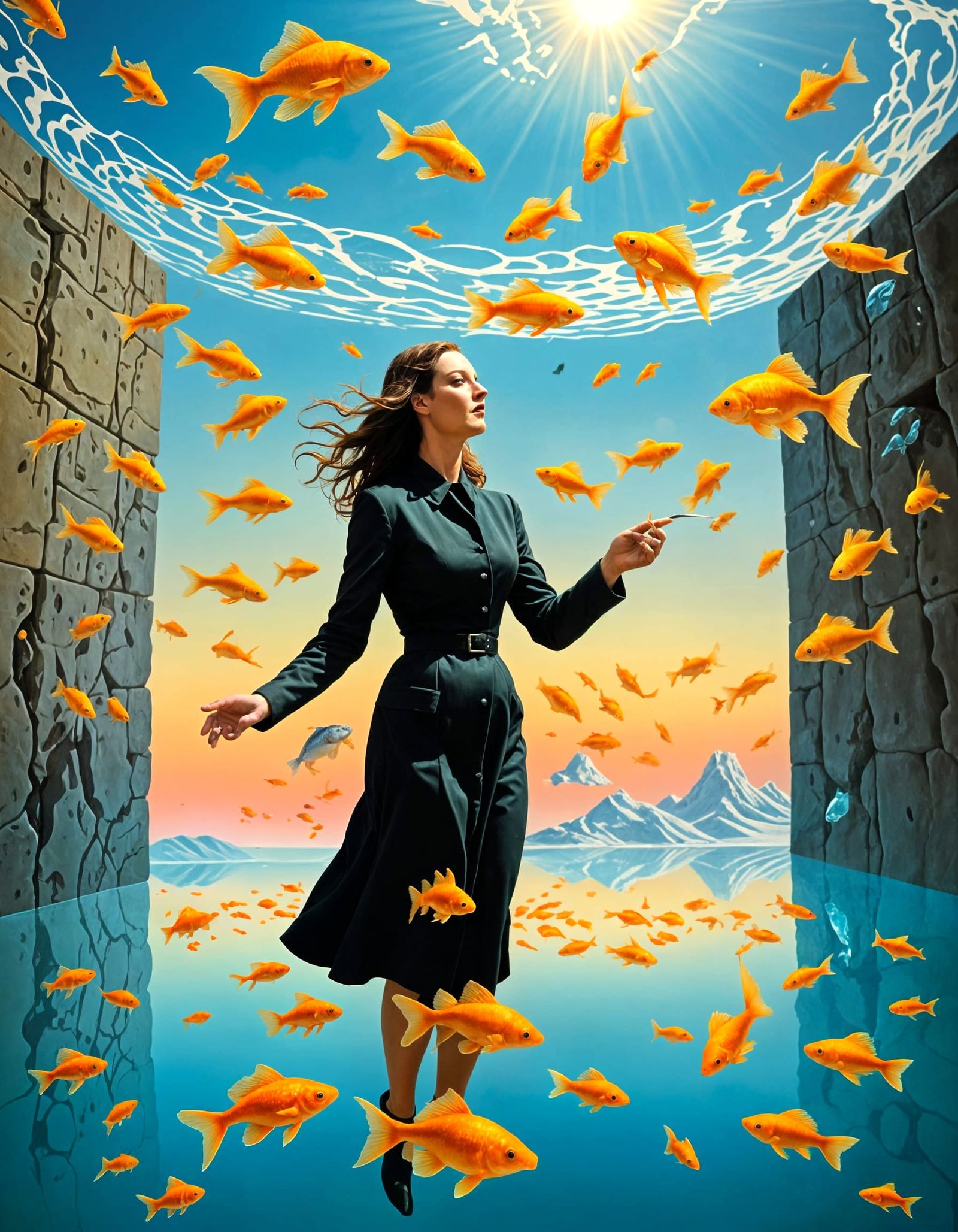 Surreal Goldfish Scene with Floor Jansen in Mid-Air
