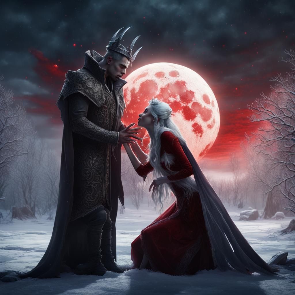 Vampire King and Ice Fairy Kiss Under Blood Moon