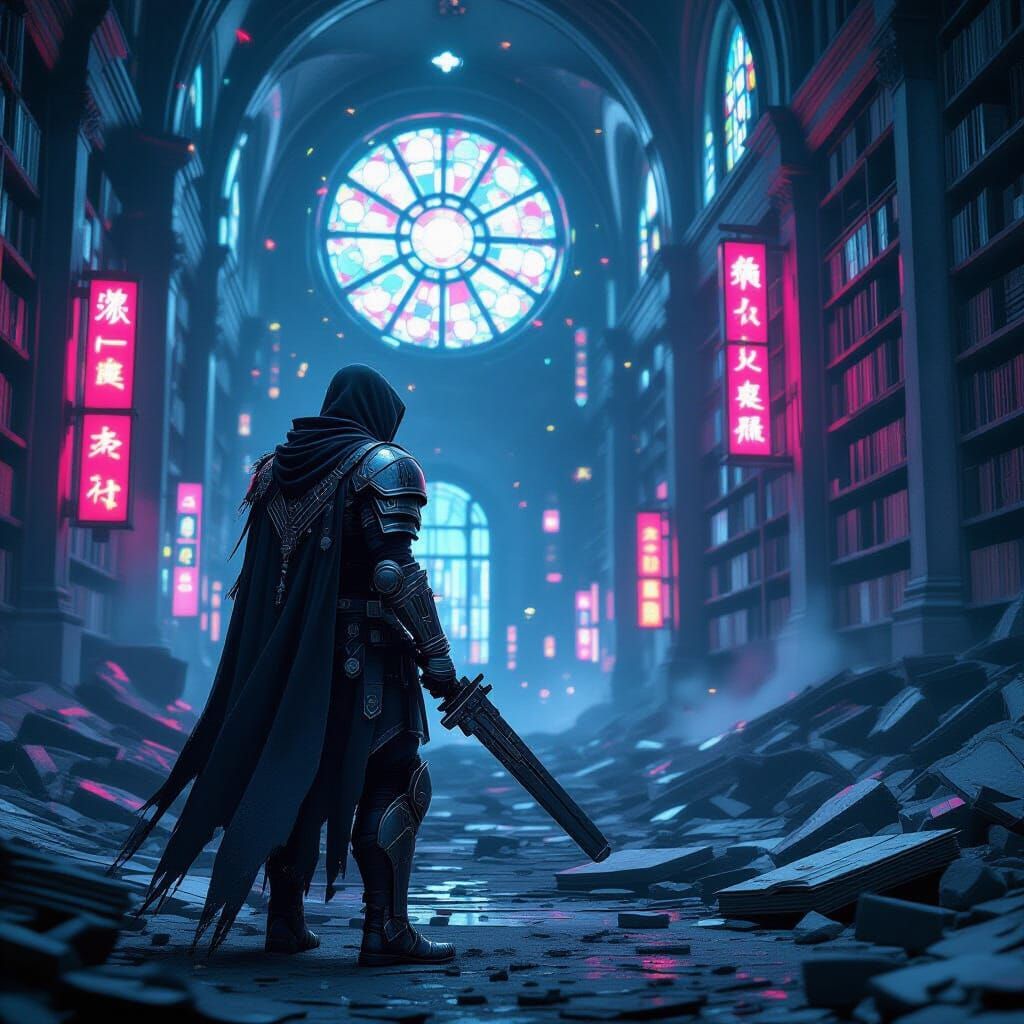 Lone Warrior in Cyberpunk Library Ruins