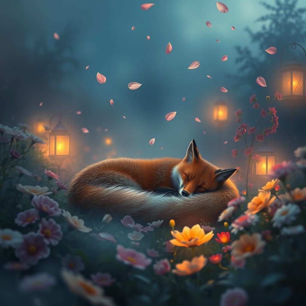 Twilight Garden Scene with Sleeping Fox in Impressionist Sty...