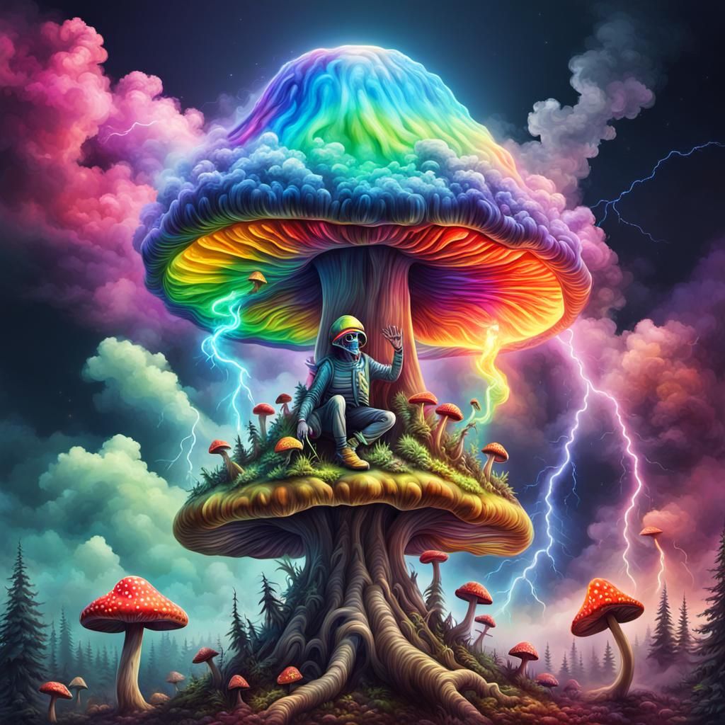 Alien on Psychedelic Mushroom in a Rainbow Trip