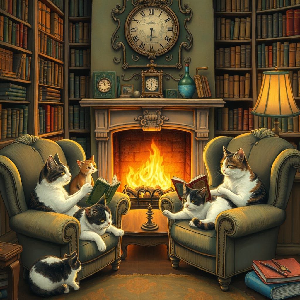Cats Reading Stories by Fireplace, Beatrix Potter Style