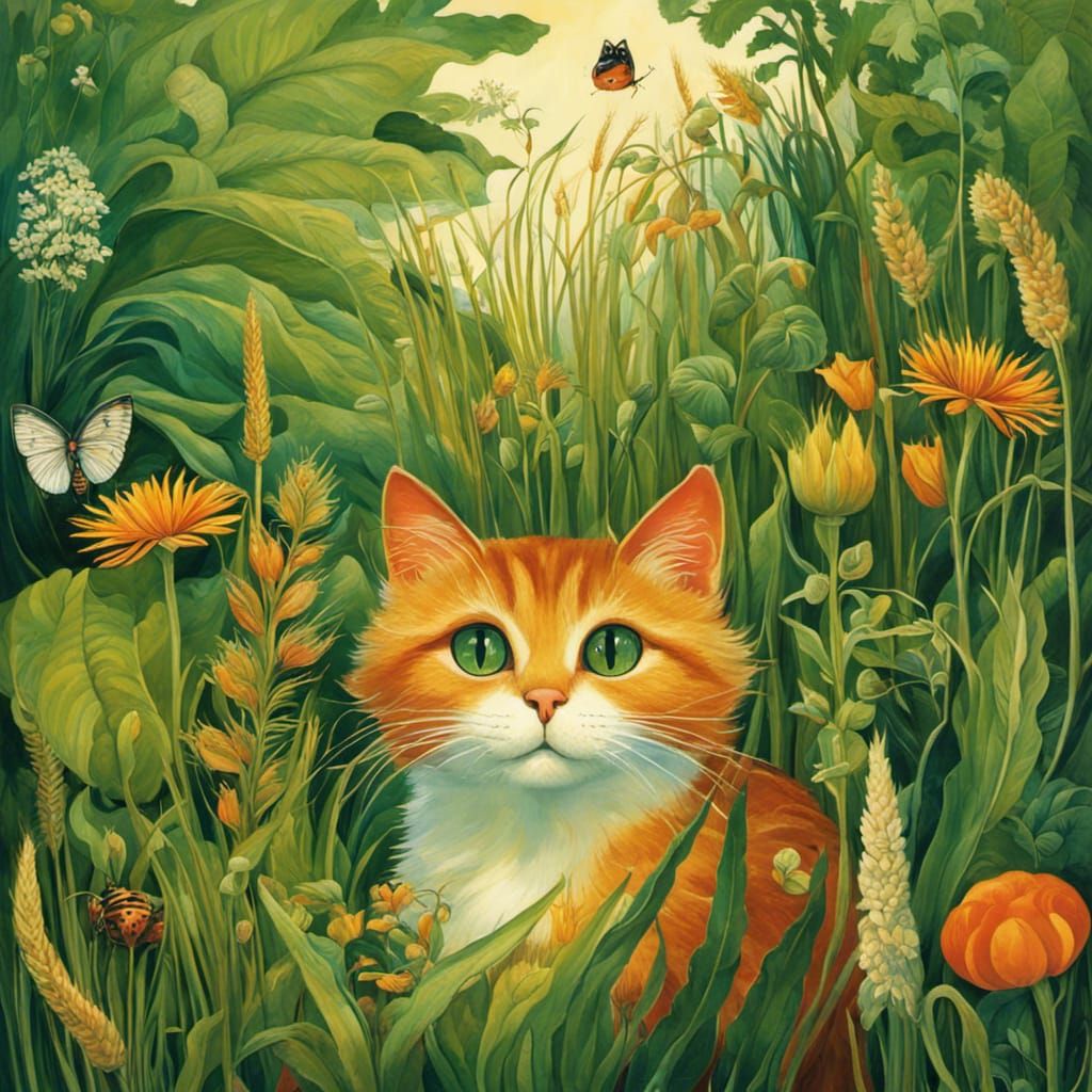 Botanical Cat Illustration with Swirling Vegetation