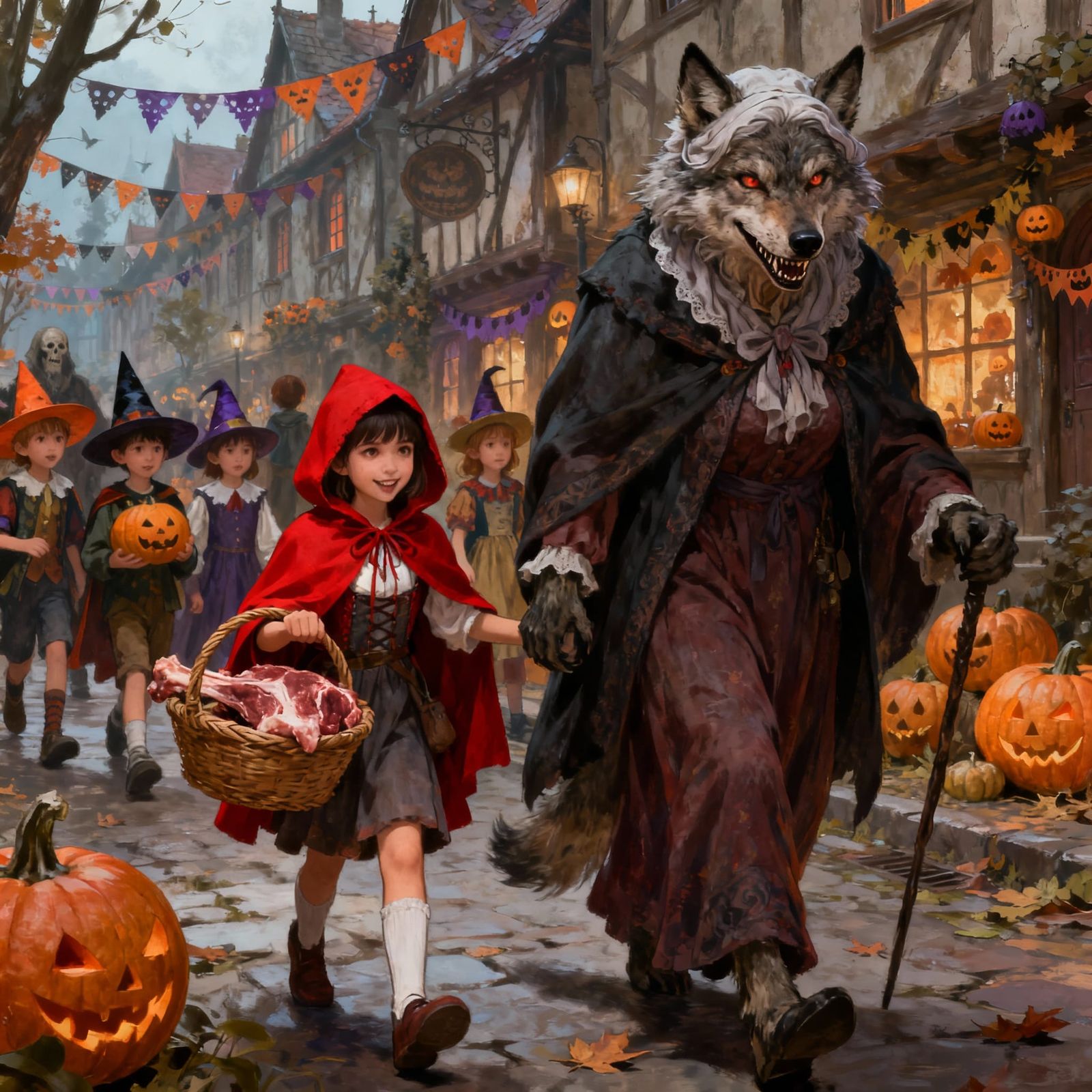 Sinister Wolf in Disguise with Red Riding Hood