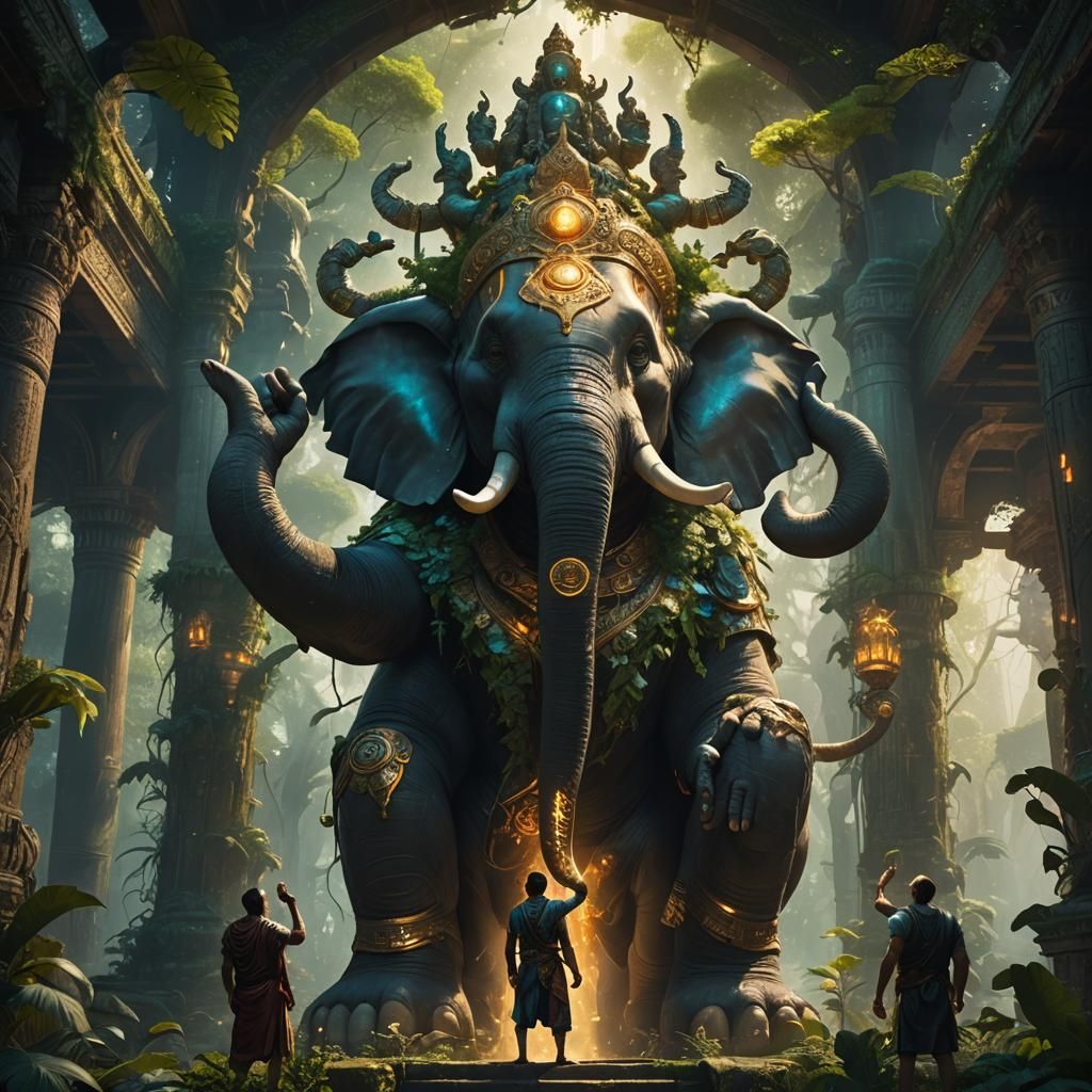 Glowing Elephant God Touches Man in Ancient Temple
