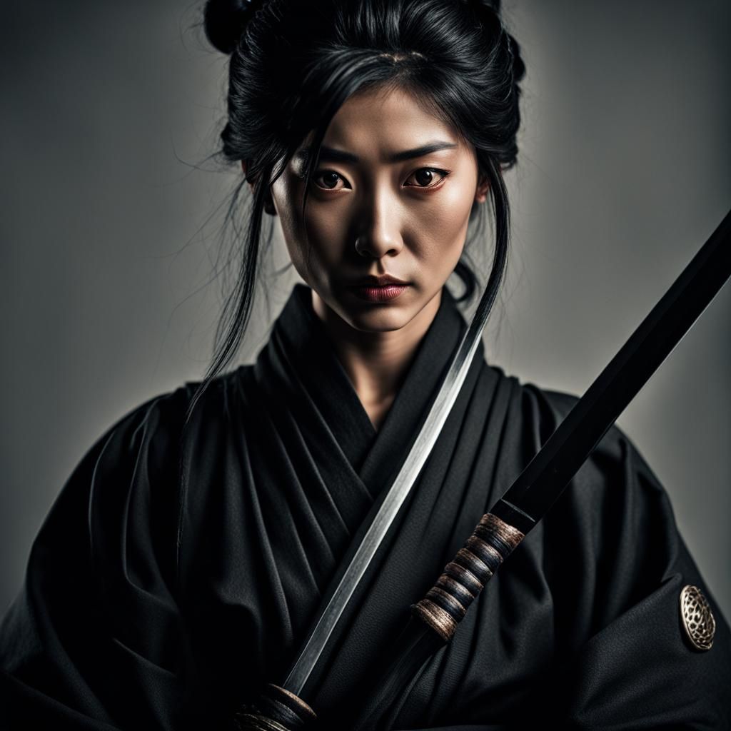 Ninja Woman with Katana in Hyperrealistic Portrait