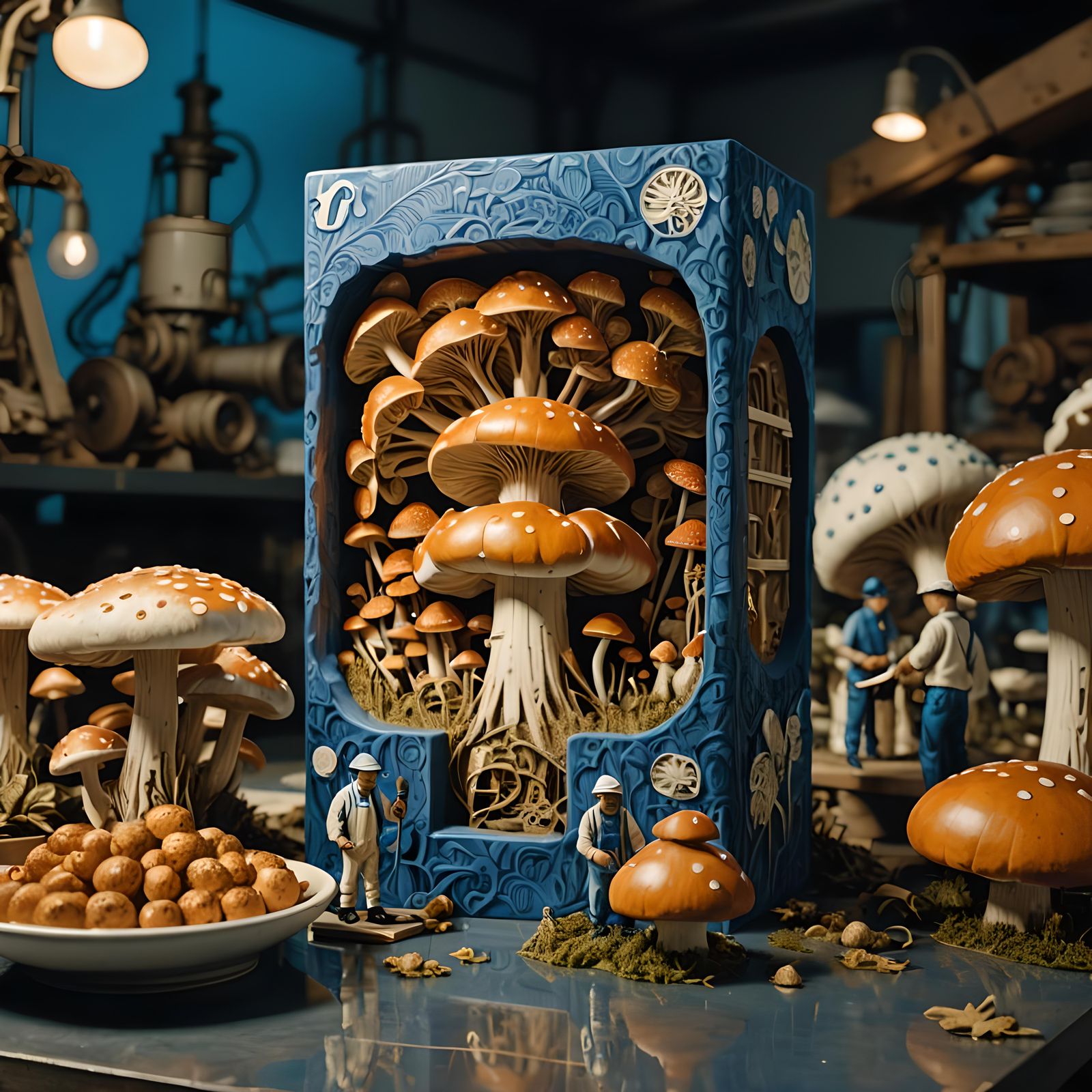 Giant Mushrooms with Workers in Blue Linocut Style