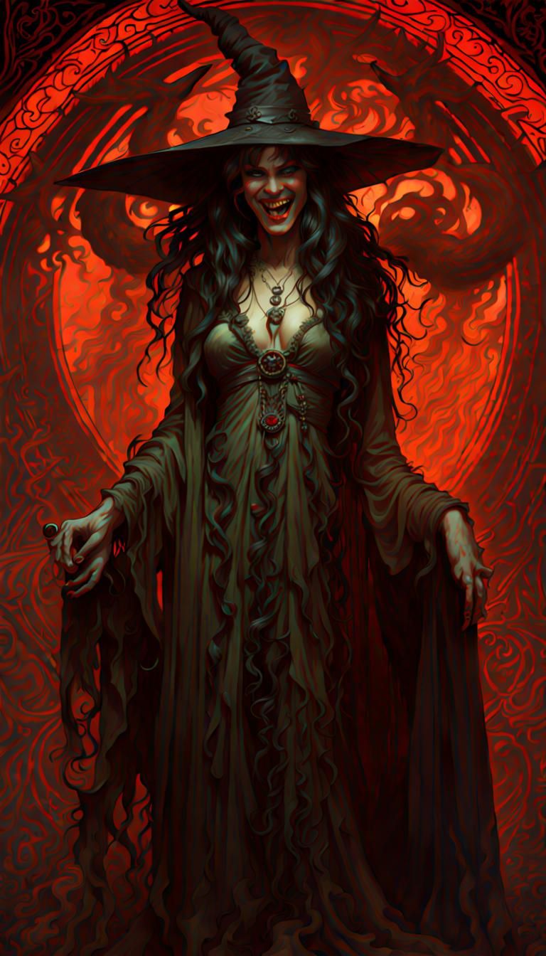Sinister Witch with Satanic Smile in Art Nouveau Style