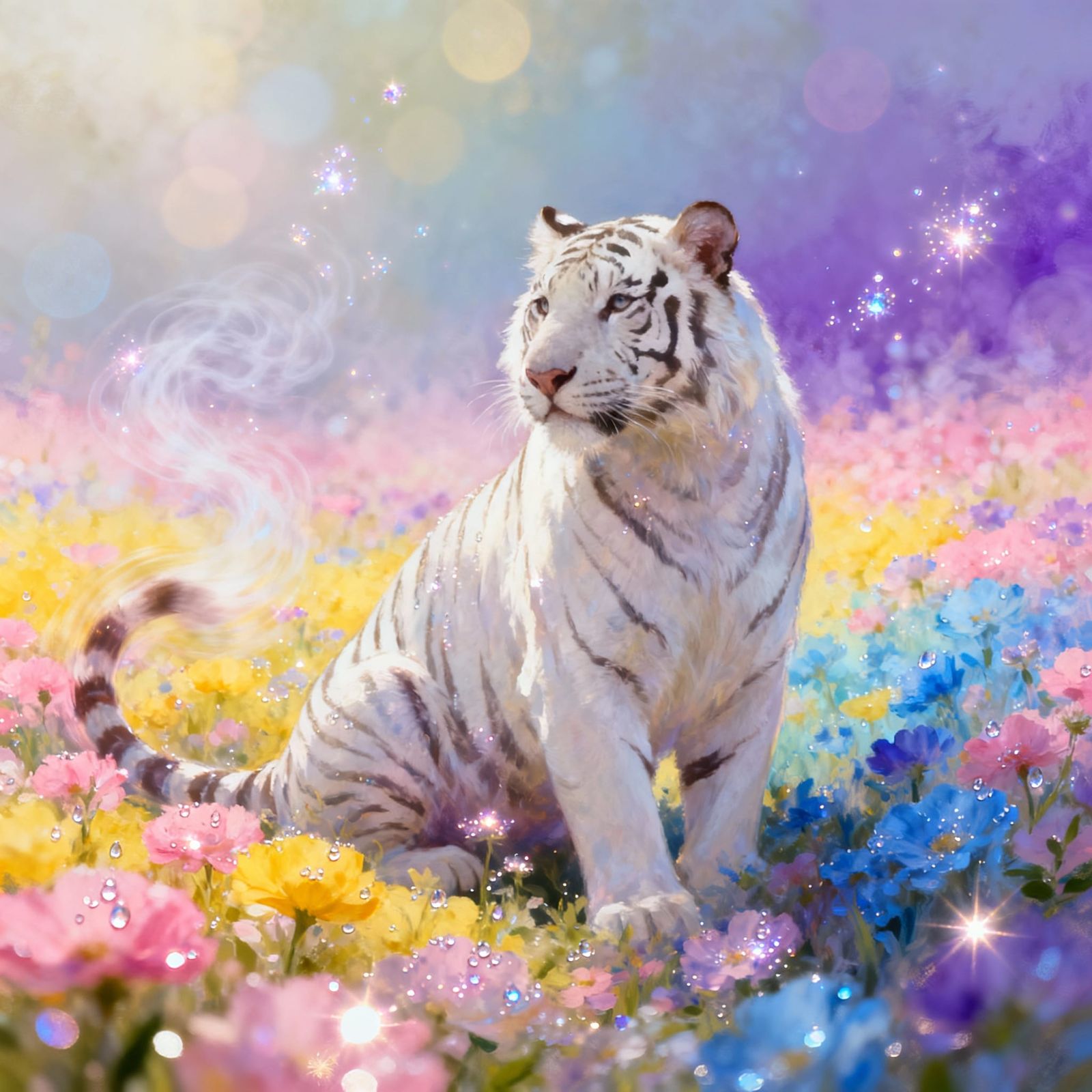 White Tiger in Rainbow Flowers, Ethereal Fantasy Art