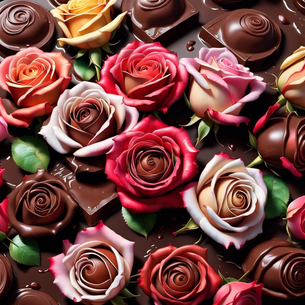 Hyperrealistic Roses and Chocolate Splash Art