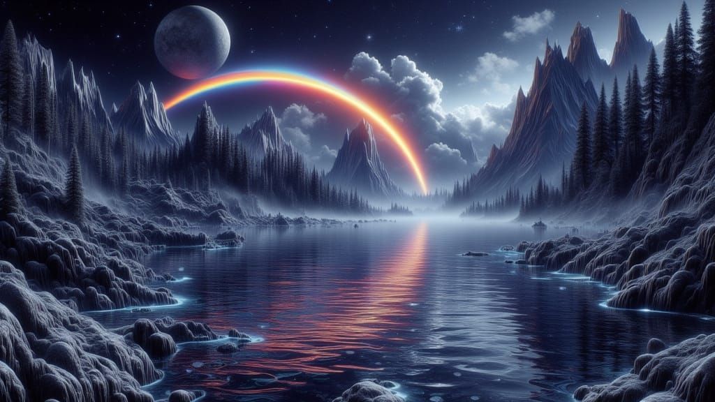 Ethereal Rainbow Over Calm Waters Under Full Moon