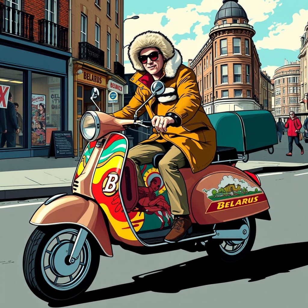 Mod wearing a parka on a mod scooter wrapped in "belaruse re...