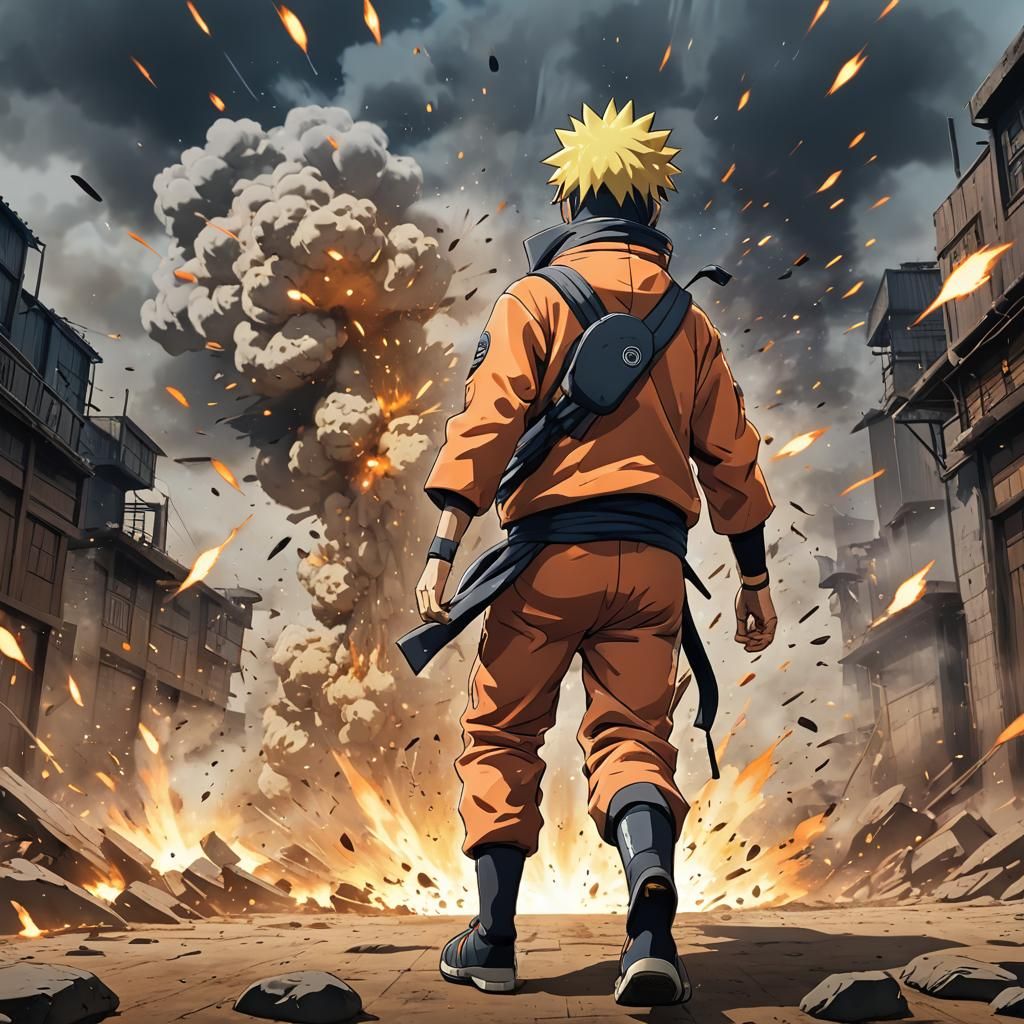 Naruto Walks Away From Explosion: Anime Manga Art
